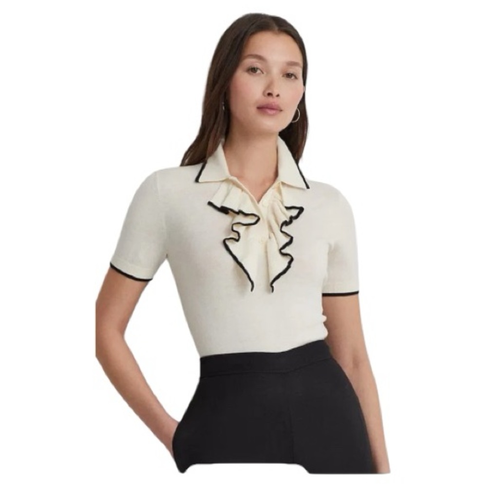 Ralph Lauren Ivory Knit Ruffle Polo Top – Size XL l Poshmark